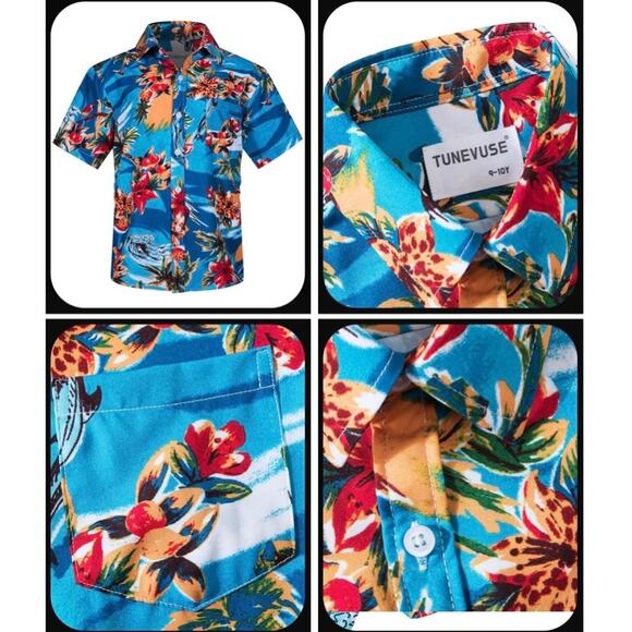 Tunevuse Boys Hawaiian 3pc Cabana Set Shirt Shorts Hat Blue Floral Outfit NEW - Picture 3 of 9